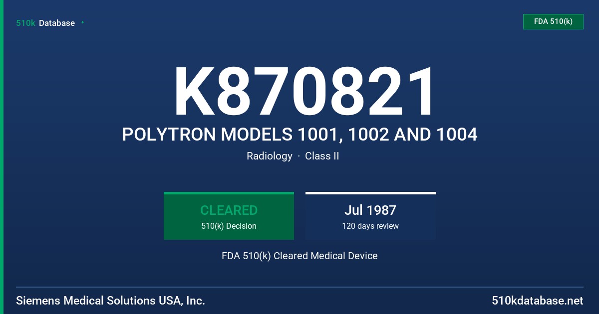 K870821 POLYTRON MODELS 1001, 1002 AND 1004 FDA 510(k) Cleared Medical Device