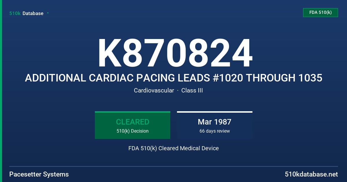 K870824 ADDITIONAL CARDIAC PACING LEADS #1020 THROUGH 1035 FDA 510(k) Cleared Medical Device