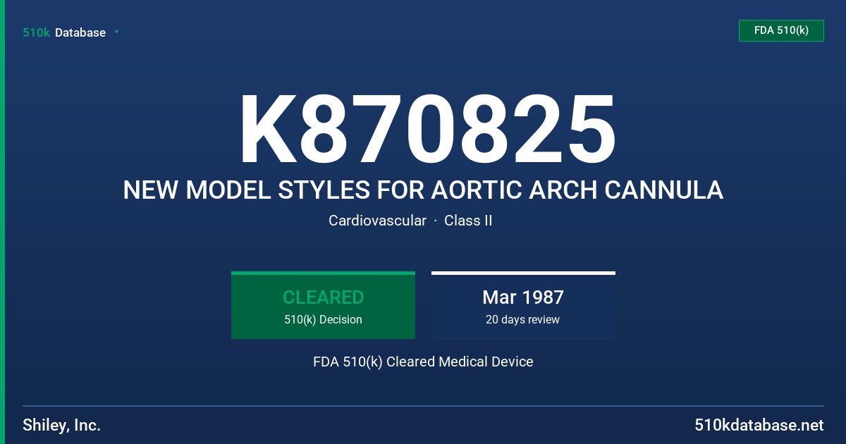 K870825 NEW MODEL STYLES FOR AORTIC ARCH CANNULA FDA 510(k) Cleared Medical Device