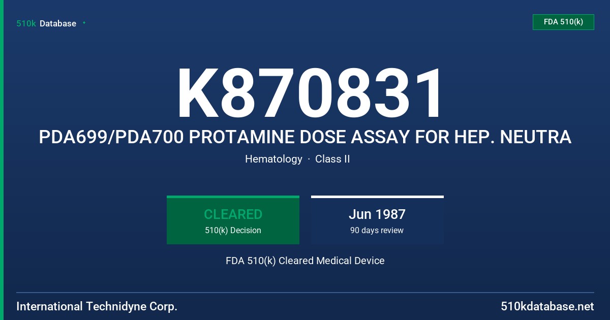 K870831 PDA699/PDA700 PROTAMINE DOSE ASSAY FOR HEP. NEUTRA FDA 510(k) Cleared Medical Device