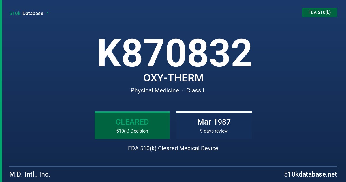 K870832 OXY-THERM FDA 510(k) Cleared Medical Device