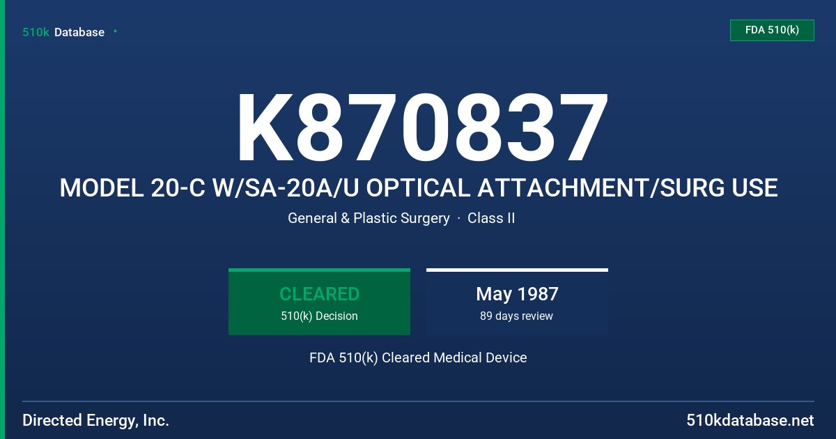 K870837 MODEL 20-C W/SA-20A/U OPTICAL ATTACHMENT/SURG USE FDA 510(k) Cleared Medical Device