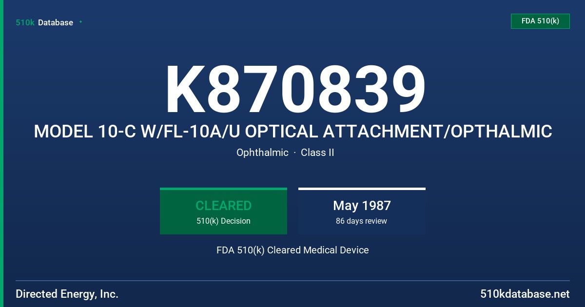 K870839 MODEL 10-C W/FL-10A/U OPTICAL ATTACHMENT/OPTHALMIC FDA 510(k) Cleared Medical Device