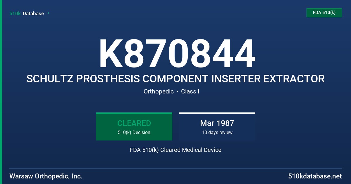 K870844 SCHULTZ PROSTHESIS COMPONENT INSERTER EXTRACTOR FDA 510(k) Cleared Medical Device