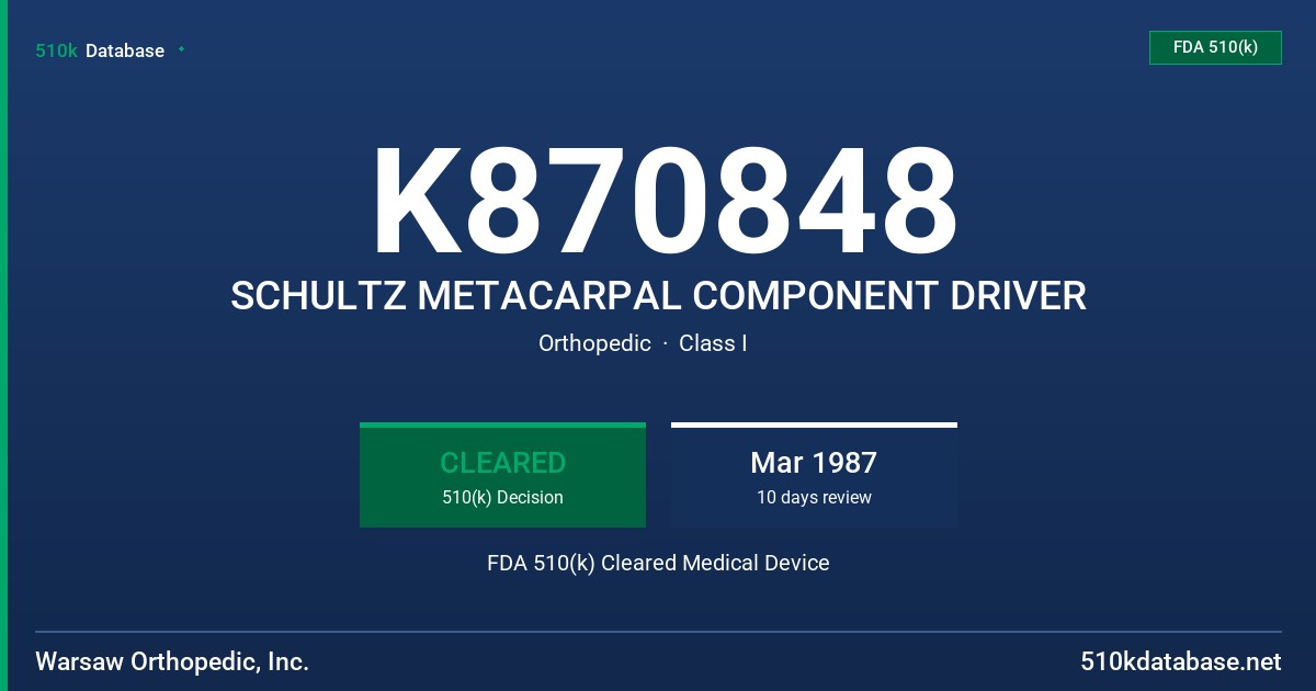 K870848 SCHULTZ METACARPAL COMPONENT DRIVER FDA 510(k) Cleared Medical Device