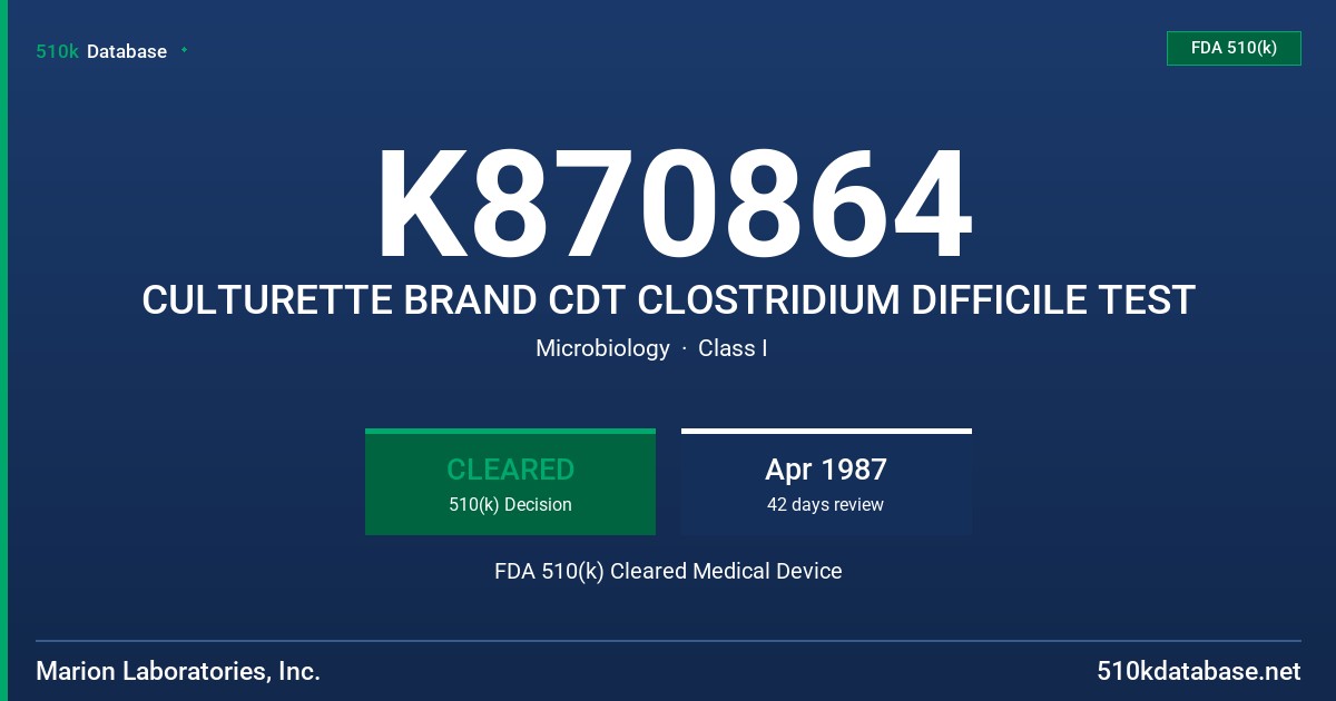 K870864 CULTURETTE BRAND CDT CLOSTRIDIUM DIFFICILE TEST FDA 510(k) Cleared Medical Device