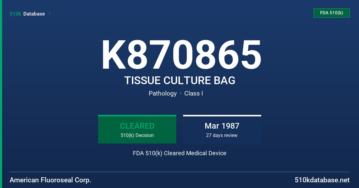 K870865 TISSUE CULTURE BAG FDA 510(k) Cleared Medical Device