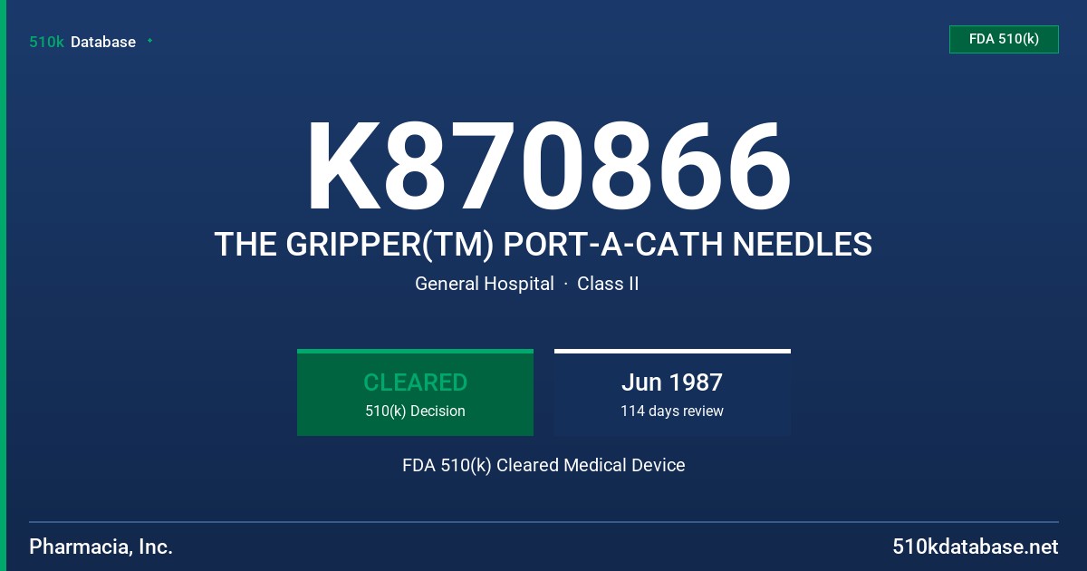 K870866 THE GRIPPER(TM) PORT-A-CATH NEEDLES FDA 510(k) Cleared Medical Device