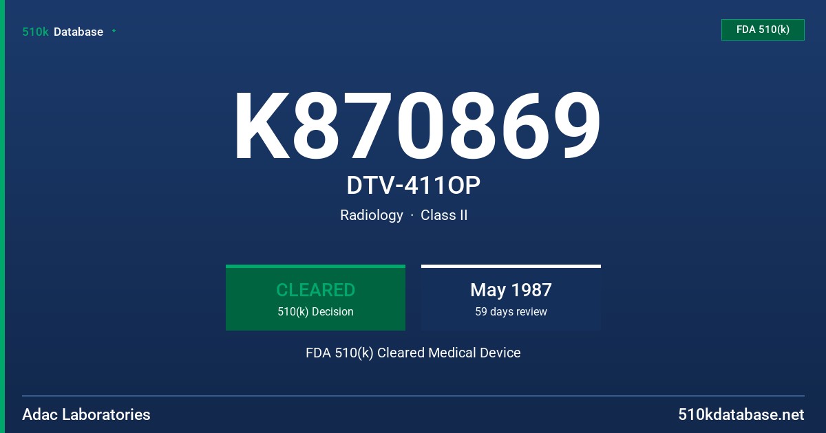 K870869 DTV-411OP FDA 510(k) Cleared Medical Device