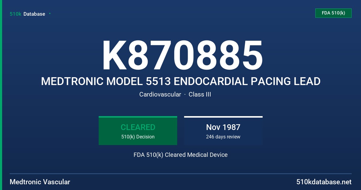 K870885 MEDTRONIC MODEL 5513 ENDOCARDIAL PACING LEAD FDA 510(k) Cleared Medical Device