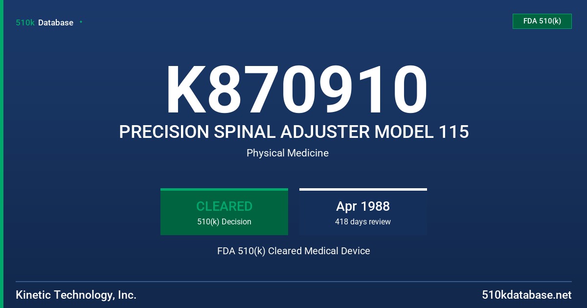 K870910 PRECISION SPINAL ADJUSTER MODEL 115 FDA 510(k) Cleared Medical Device