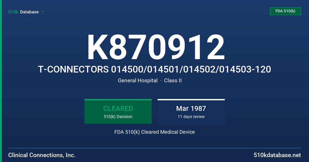 K870912 T-CONNECTORS 014500/014501/014502/014503-120 FDA 510(k) Cleared Medical Device