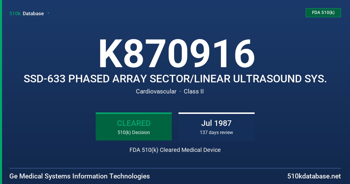 K870916 SSD-633 PHASED ARRAY SECTOR/LINEAR ULTRASOUND SYS. FDA 510(k) Cleared Medical Device