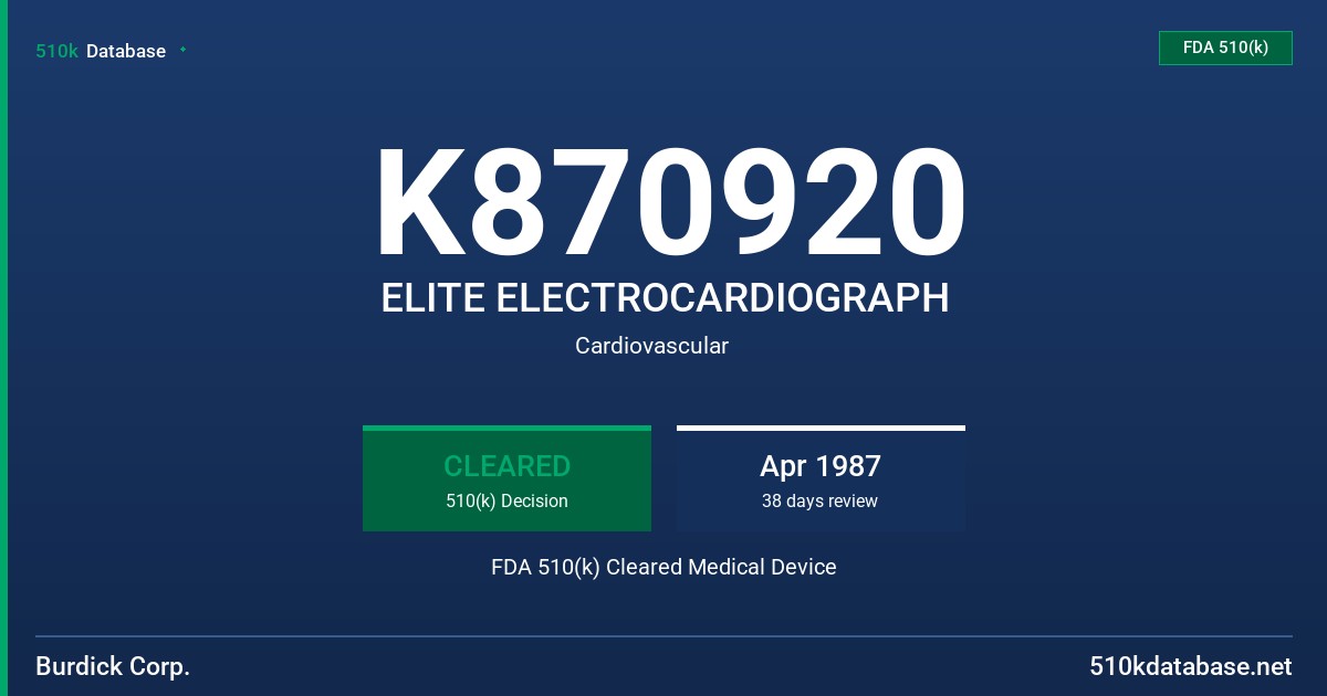 K870920 ELITE ELECTROCARDIOGRAPH FDA 510(k) Cleared Medical Device
