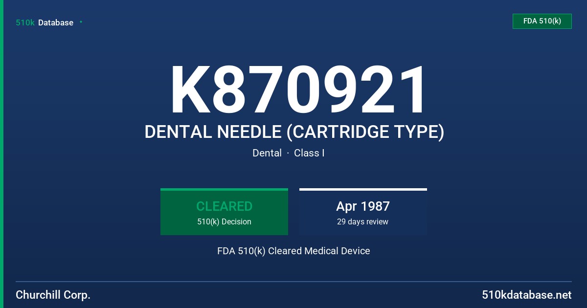 K870921 DENTAL NEEDLE (CARTRIDGE TYPE) FDA 510(k) Cleared Medical Device