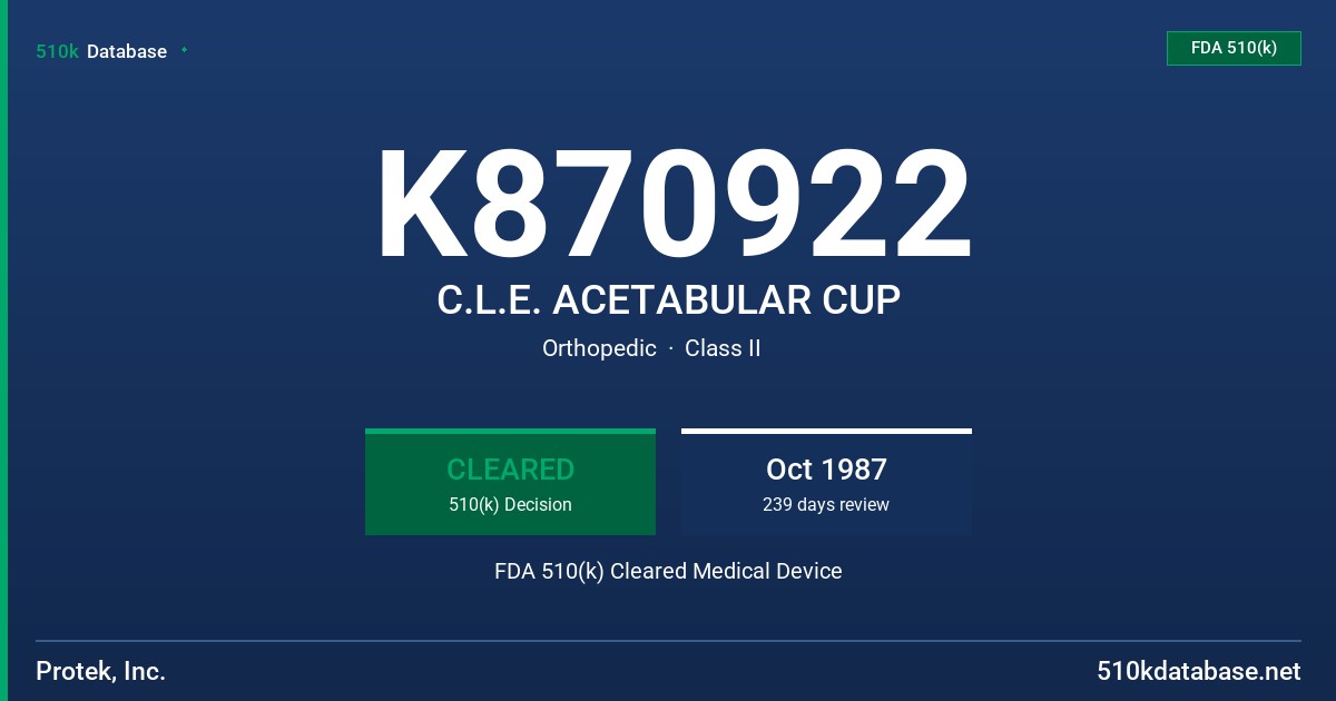 K870922 C.L.E. ACETABULAR CUP FDA 510(k) Cleared Medical Device