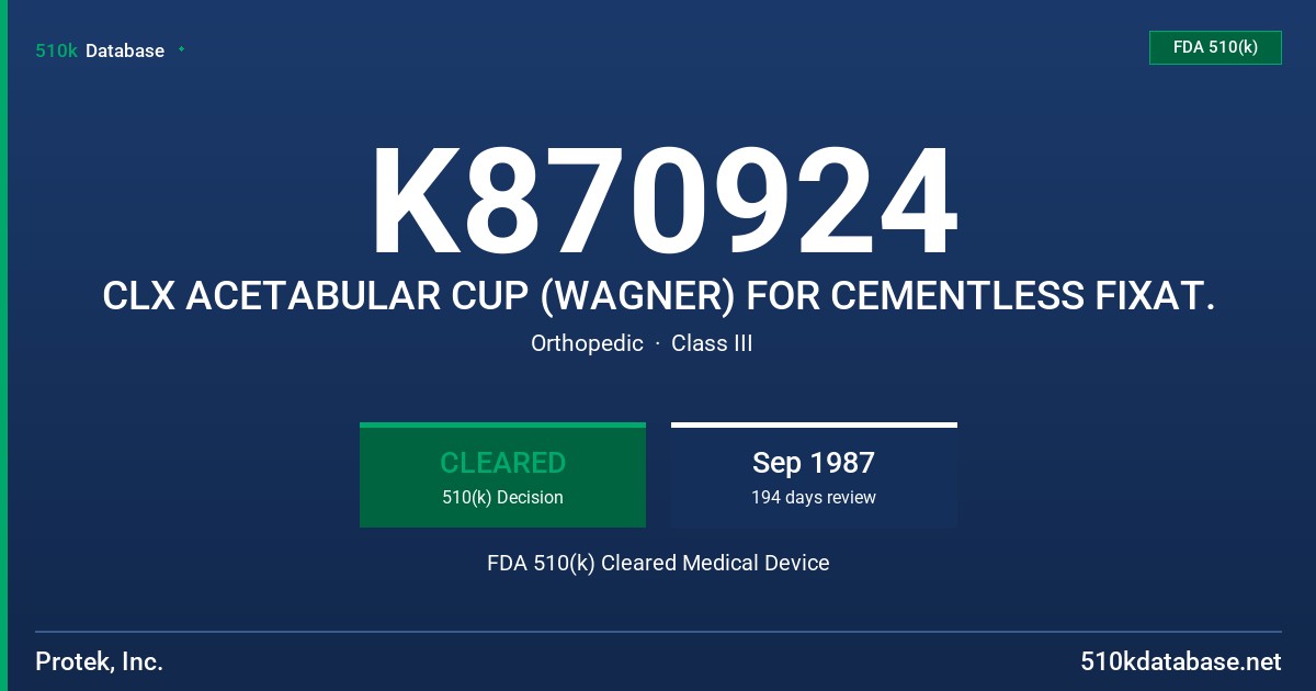 K870924 CLX ACETABULAR CUP (WAGNER) FOR CEMENTLESS FIXAT. FDA 510(k) Cleared Medical Device