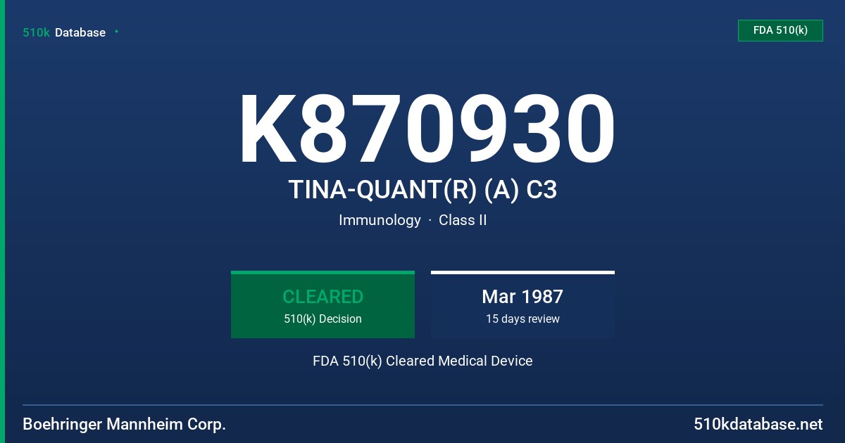 K870930 TINA-QUANT(R) (A) C3 FDA 510(k) Cleared Medical Device
