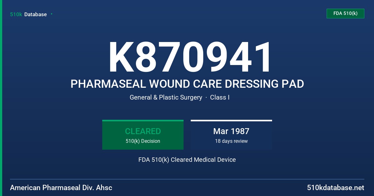 K870941 PHARMASEAL WOUND CARE DRESSING PAD FDA 510(k) Cleared Medical Device