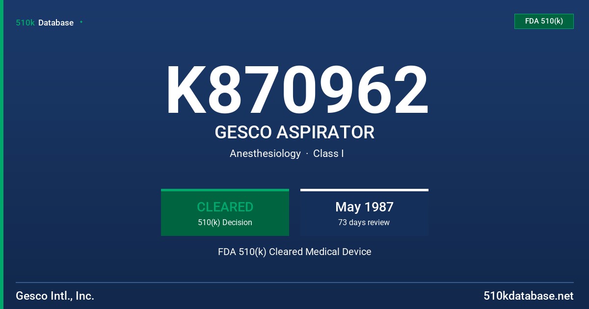 K870962 GESCO ASPIRATOR FDA 510(k) Cleared Medical Device