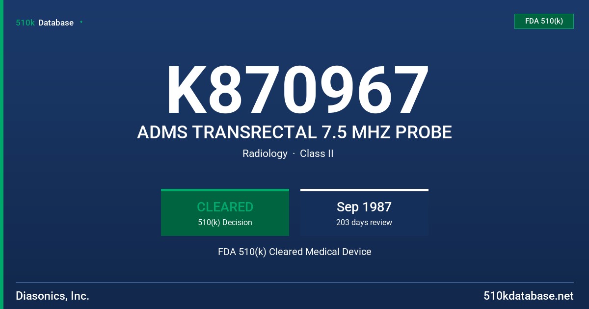 K870967 ADMS TRANSRECTAL 7.5 MHZ PROBE FDA 510(k) Cleared Medical Device