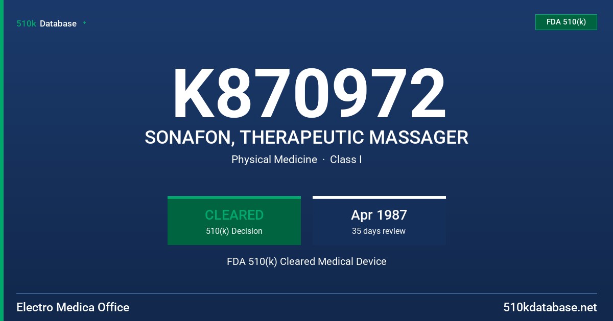 K870972 SONAFON, THERAPEUTIC MASSAGER FDA 510(k) Cleared Medical Device