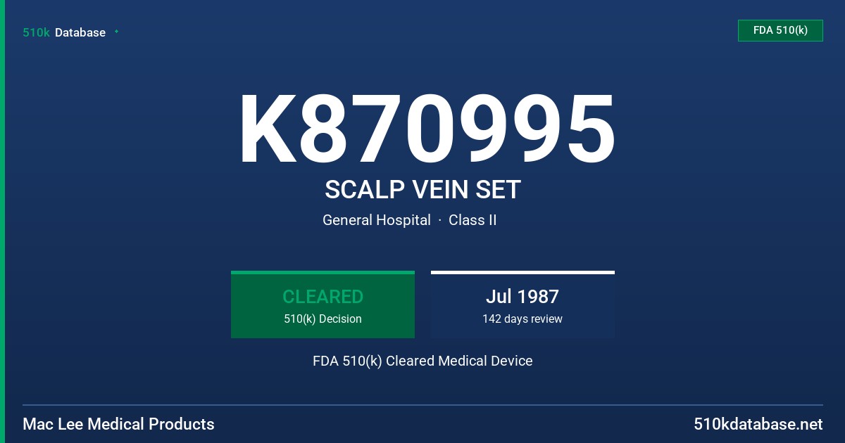 K870995 SCALP VEIN SET FDA 510(k) Cleared Medical Device