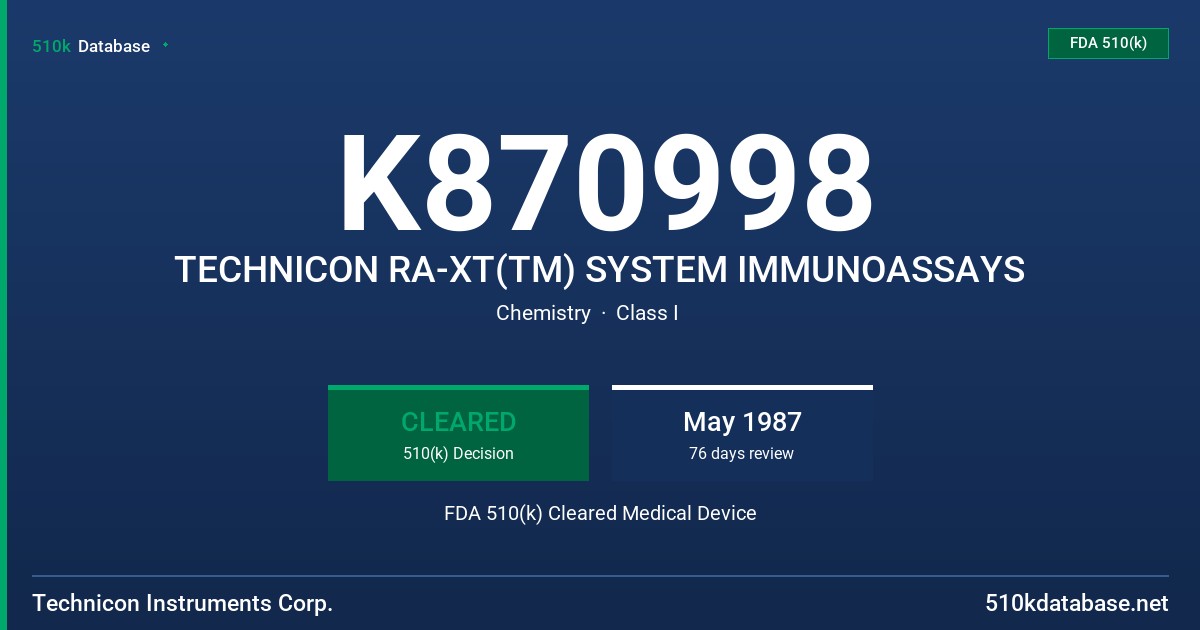 K870998 TECHNICON RA-XT(TM) SYSTEM IMMUNOASSAYS FDA 510(k) Cleared Medical Device