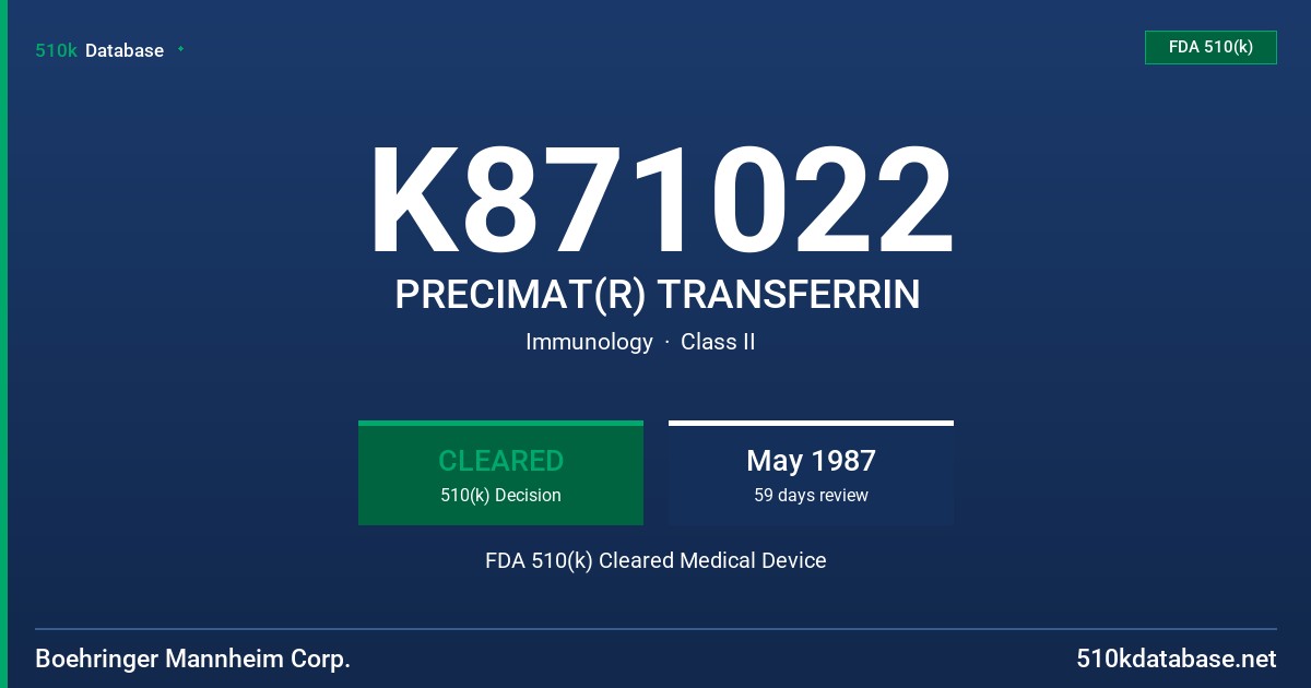 K871022 PRECIMAT(R) TRANSFERRIN FDA 510(k) Cleared Medical Device