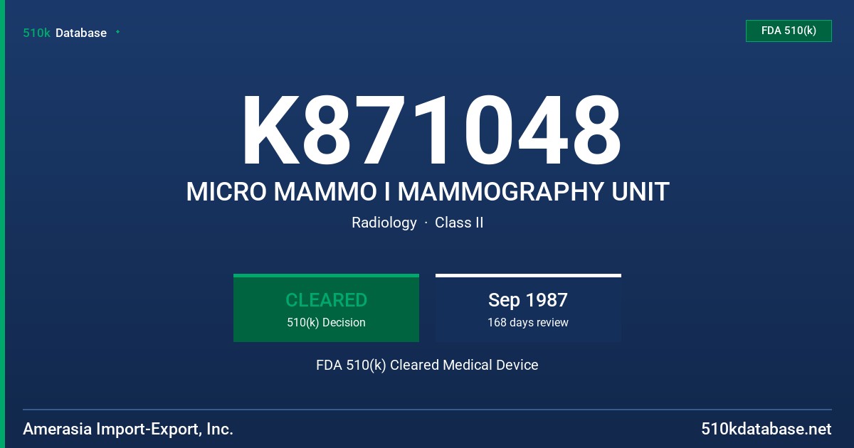 K871048 MICRO MAMMO I MAMMOGRAPHY UNIT FDA 510(k) Cleared Medical Device