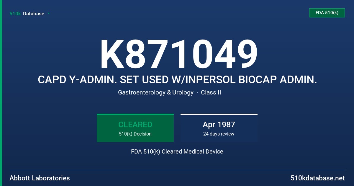 K871049 CAPD Y-ADMIN. SET USED W/INPERSOL BIOCAP ADMIN. FDA 510(k) Cleared Medical Device