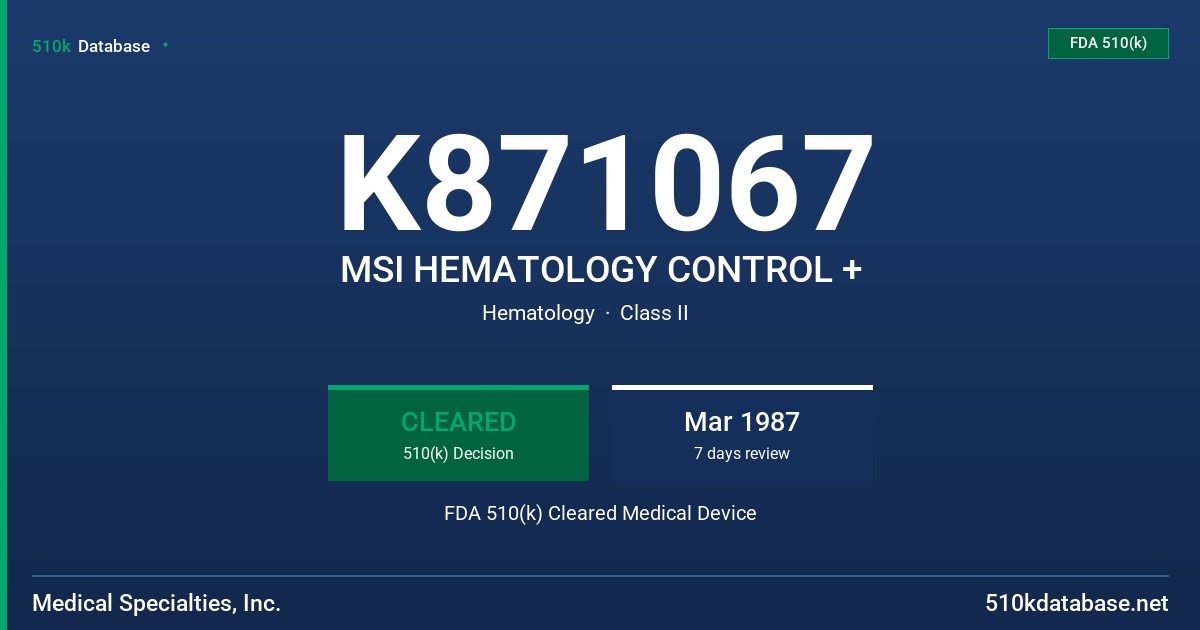 K871067 MSI HEMATOLOGY CONTROL + FDA 510(k) Cleared Medical Device