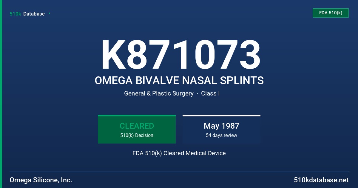 K871073 OMEGA BIVALVE NASAL SPLINTS FDA 510(k) Cleared Medical Device