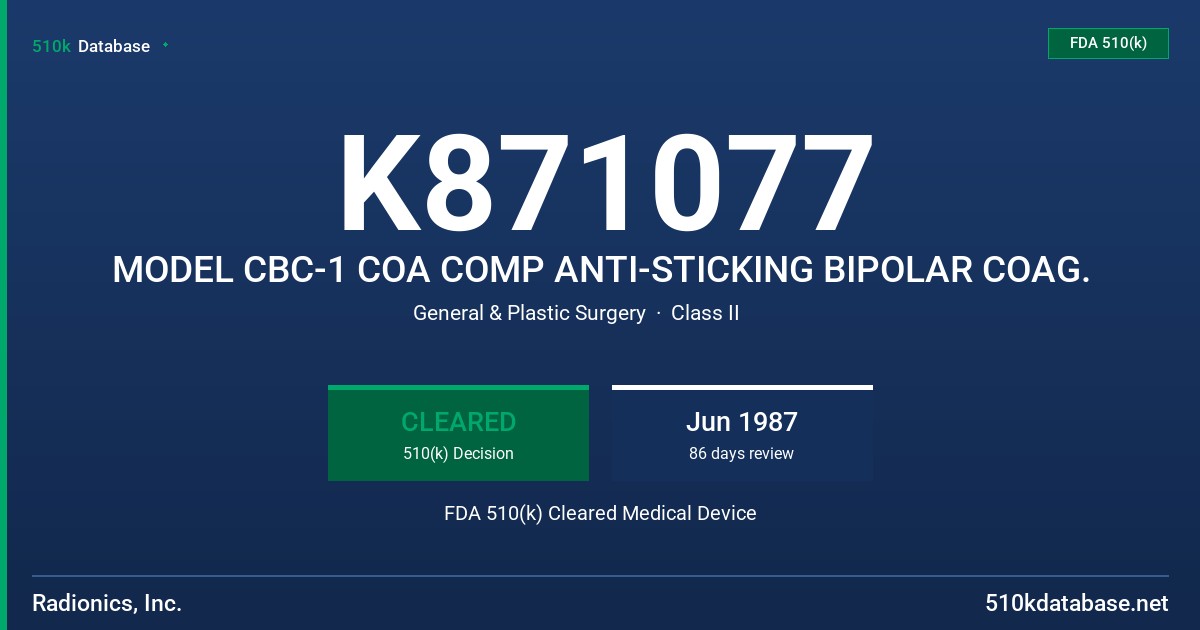 K871077 MODEL CBC-1 COA COMP ANTI-STICKING BIPOLAR COAG. FDA 510(k) Cleared Medical Device