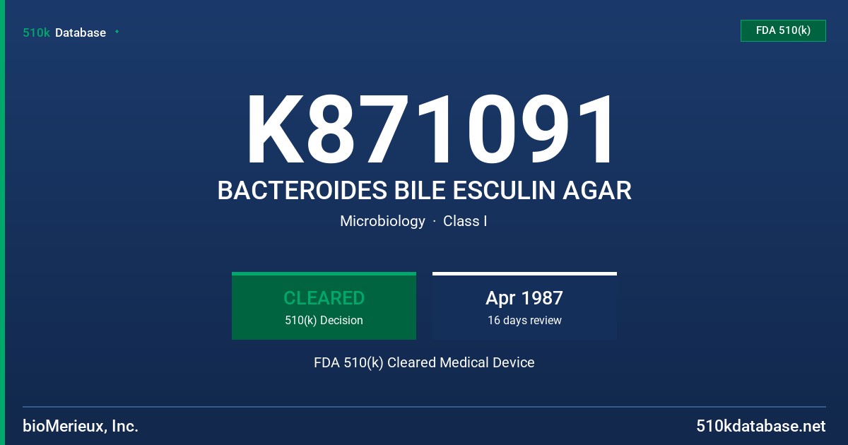 K871091 BACTEROIDES BILE ESCULIN AGAR FDA 510(k) Cleared Medical Device