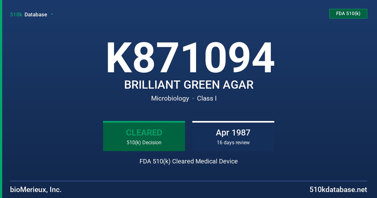 K871094 BRILLIANT GREEN AGAR FDA 510(k) Cleared Medical Device