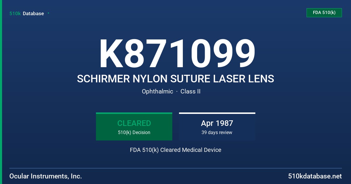 K871099 SCHIRMER NYLON SUTURE LASER LENS FDA 510(k) Cleared Medical Device