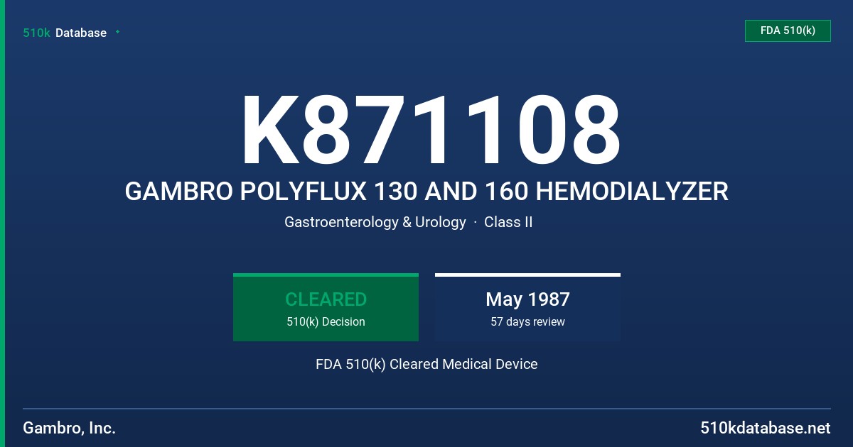 K871108 GAMBRO POLYFLUX 130 AND 160 HEMODIALYZER FDA 510(k) Cleared Medical Device
