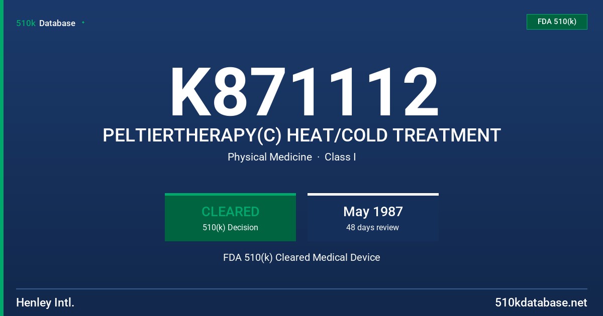 K871112 PELTIERTHERAPY(C) HEAT/COLD TREATMENT FDA 510(k) Cleared Medical Device