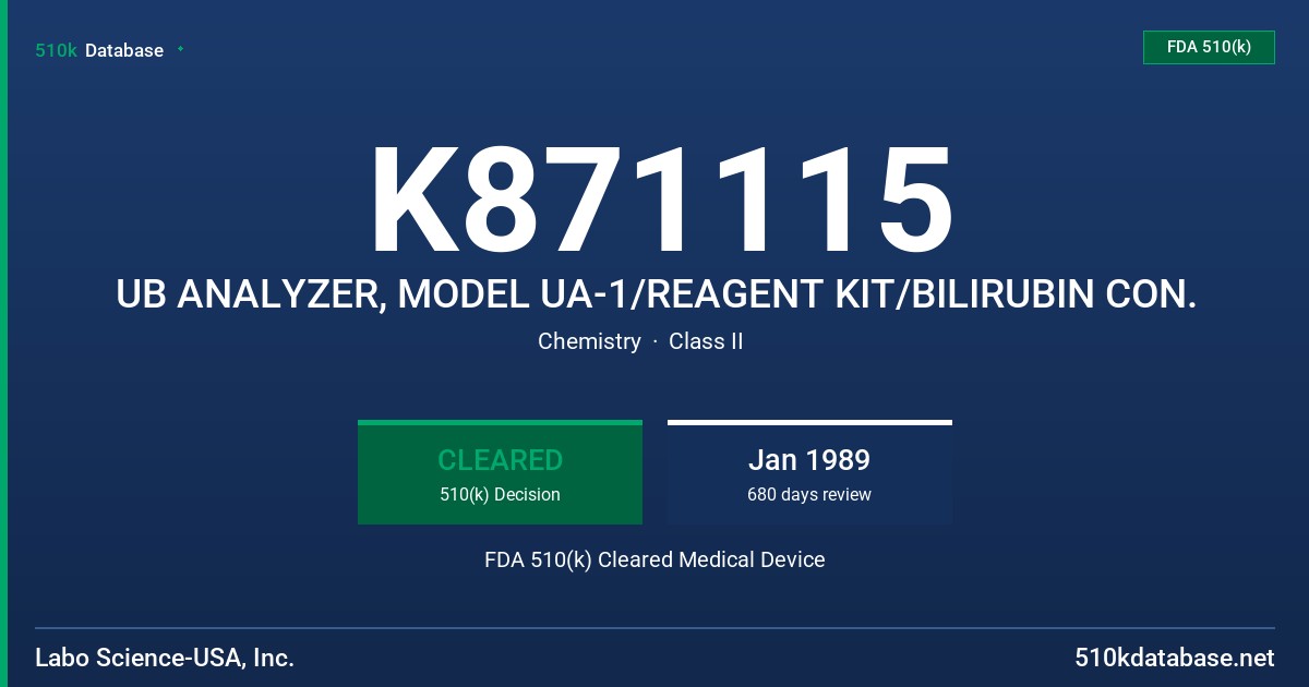 K871115 UB ANALYZER, MODEL UA-1/REAGENT KIT/BILIRUBIN CON. FDA 510(k) Cleared Medical Device