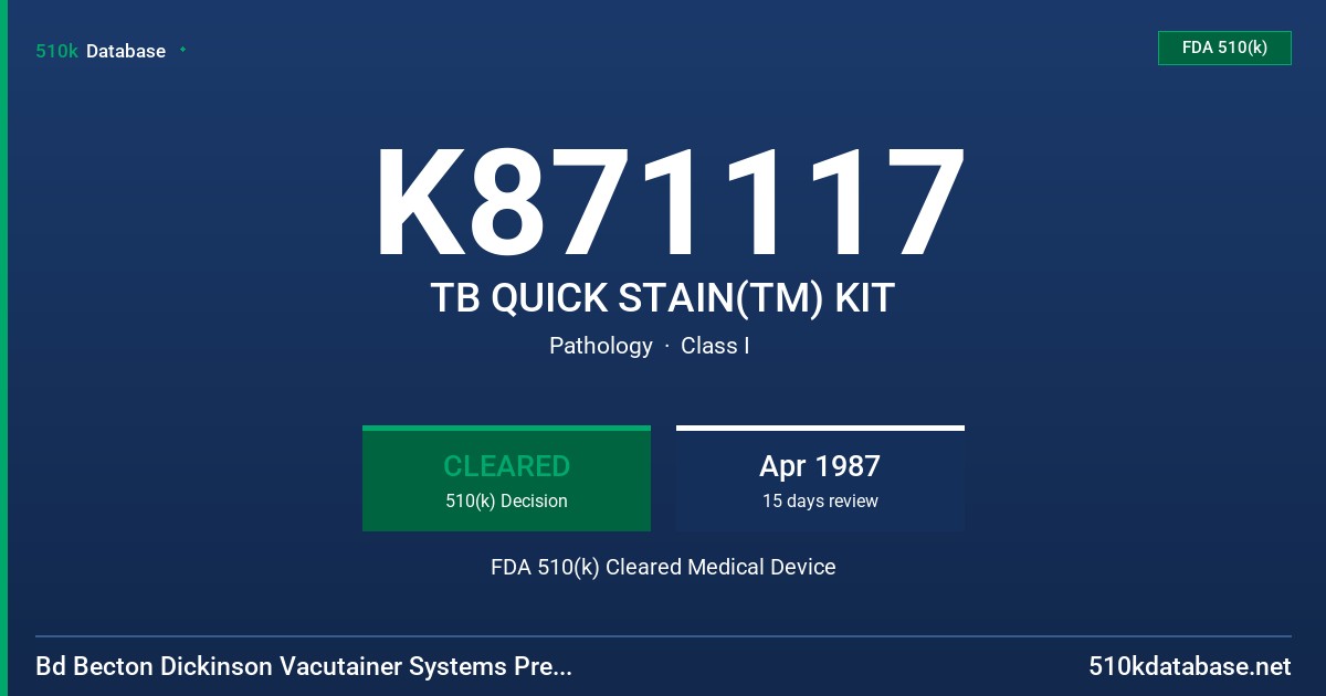K871117 TB QUICK STAIN(TM) KIT FDA 510(k) Cleared Medical Device