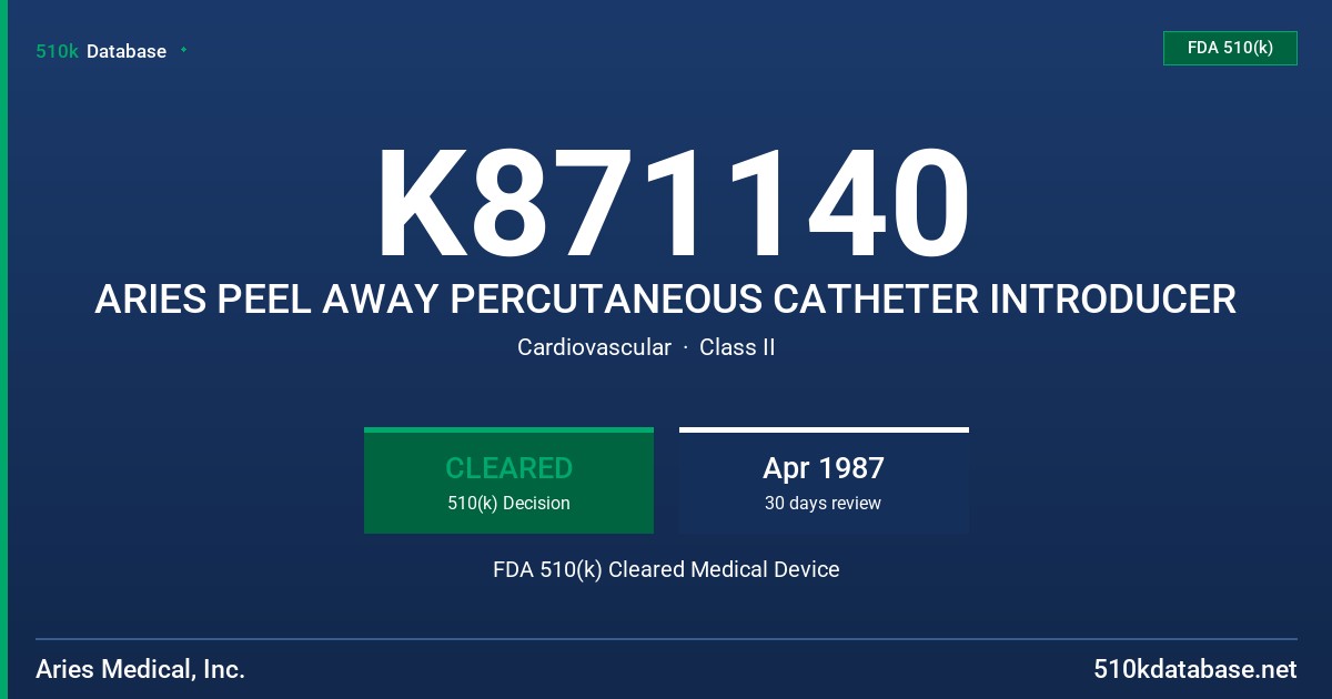 K871140 ARIES PEEL AWAY PERCUTANEOUS CATHETER INTRODUCER FDA 510(k) Cleared Medical Device