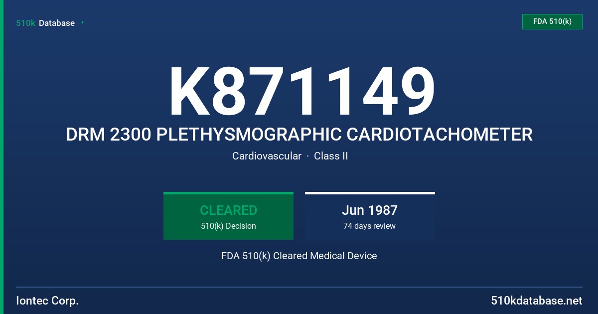 K871149 DRM 2300 PLETHYSMOGRAPHIC CARDIOTACHOMETER FDA 510(k) Cleared Medical Device