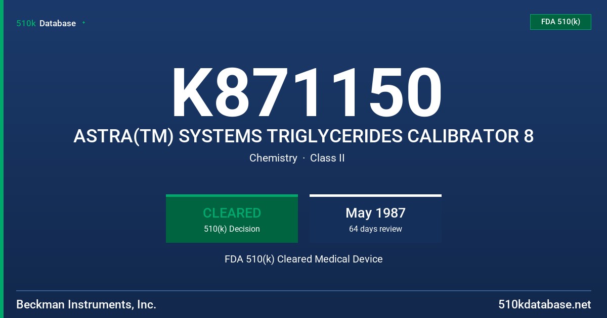 K871150 ASTRA(TM) SYSTEMS TRIGLYCERIDES CALIBRATOR 8 FDA 510(k) Cleared Medical Device