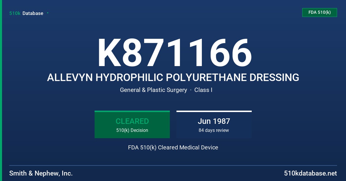 K871166 ALLEVYN HYDROPHILIC POLYURETHANE DRESSING FDA 510(k) Cleared Medical Device