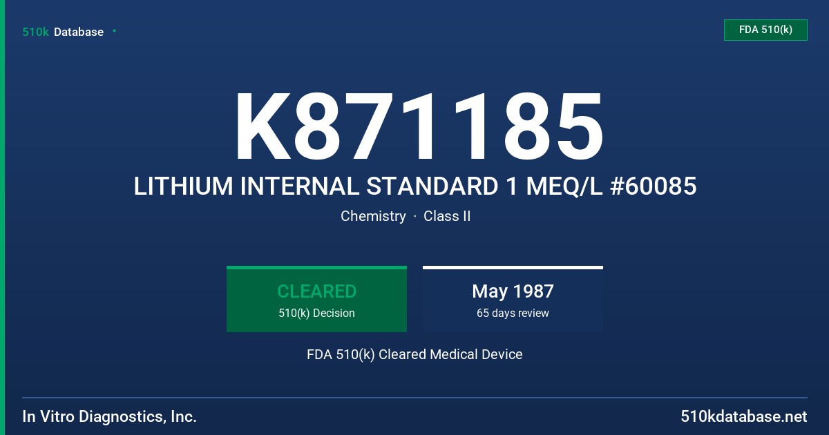 K871185 LITHIUM INTERNAL STANDARD 1 MEQ/L #60085 FDA 510(k) Cleared Medical Device