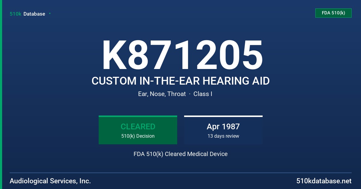 K871205 CUSTOM IN-THE-EAR HEARING AID FDA 510(k) Cleared Medical Device