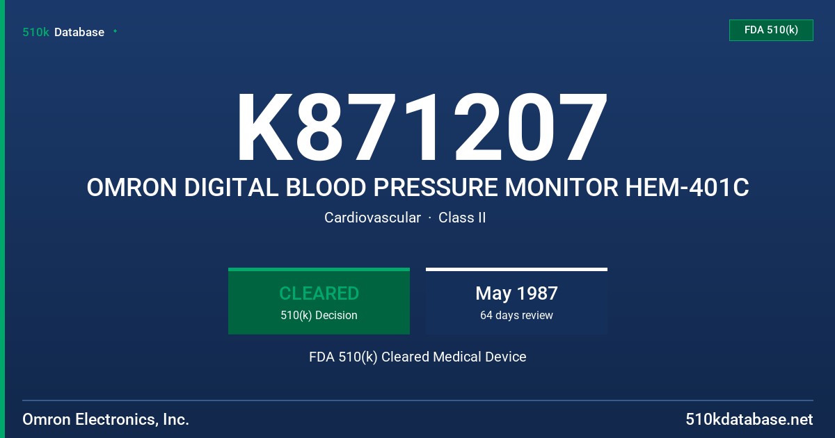 K871207 OMRON DIGITAL BLOOD PRESSURE MONITOR HEM-401C FDA 510(k) Cleared Medical Device
