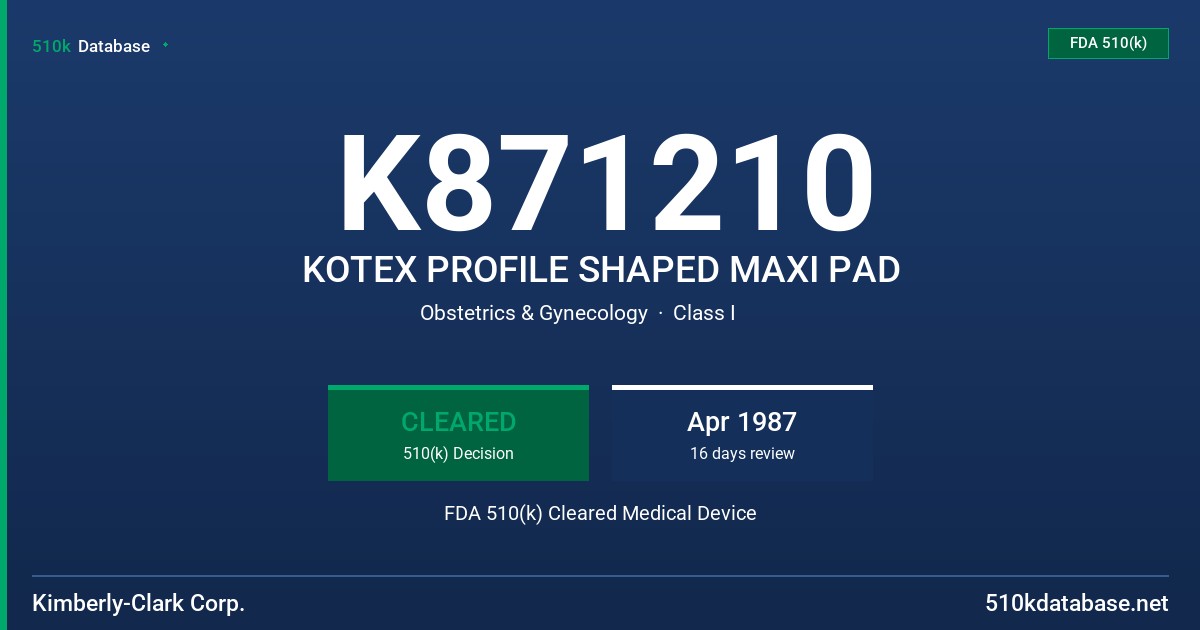 K871210 KOTEX PROFILE SHAPED MAXI PAD FDA 510(k) Cleared Medical Device