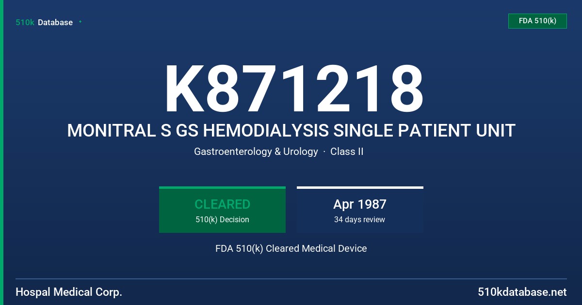K871218 MONITRAL S GS HEMODIALYSIS SINGLE PATIENT UNIT FDA 510(k) Cleared Medical Device